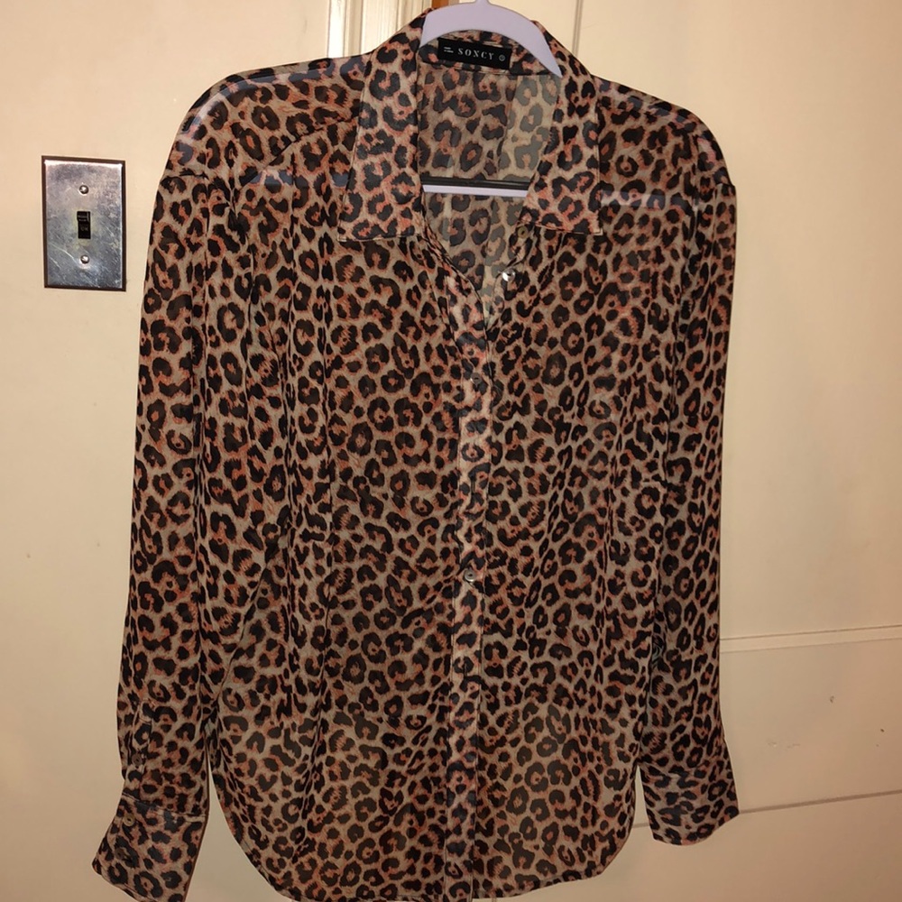 Sheer button down leopard print top